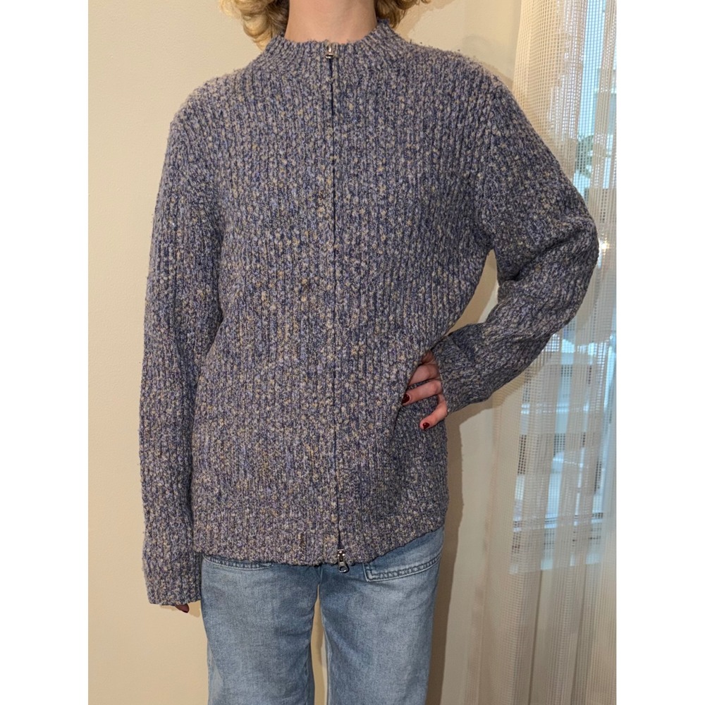 Pendleton Wool Blend Full Zip Ribbed Cardigan Sweater Mock Neck Blue Marl L